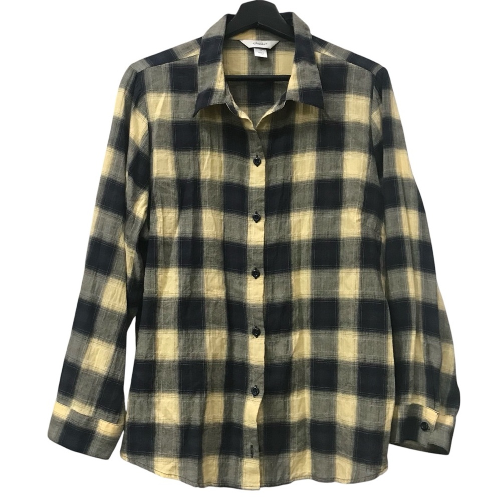CJ Banks Blue Yellow Plaid Button Down Shirt Light Stretch Cotton Top sz 1X EUC